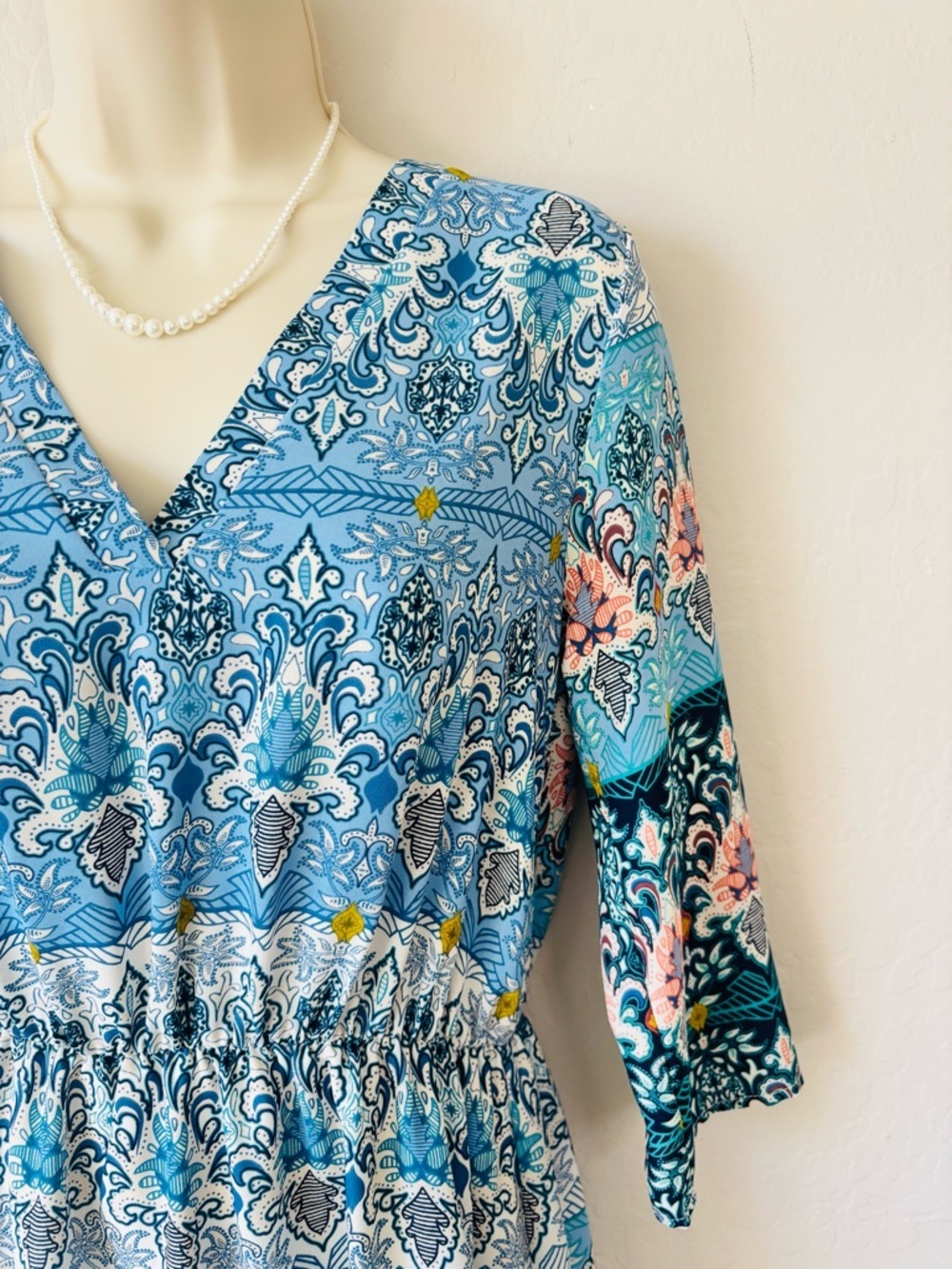 Everly Blue Paisley V-Neck Smock Waist Mini Dress - Picture 4 of 15
